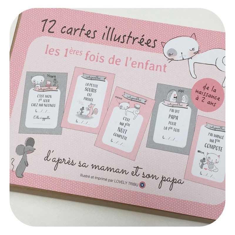 Coffret 12 cartes 1ere fois, collection rose tendre