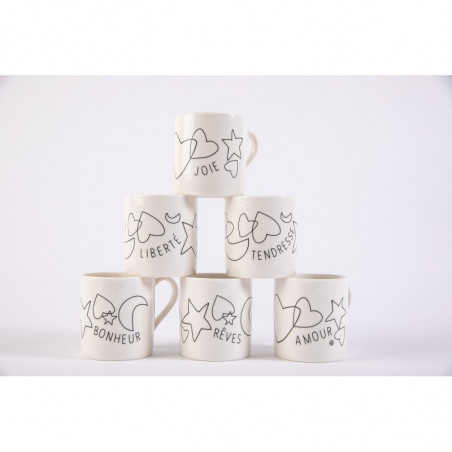 6 mini mugs café coeurs etoiles lune