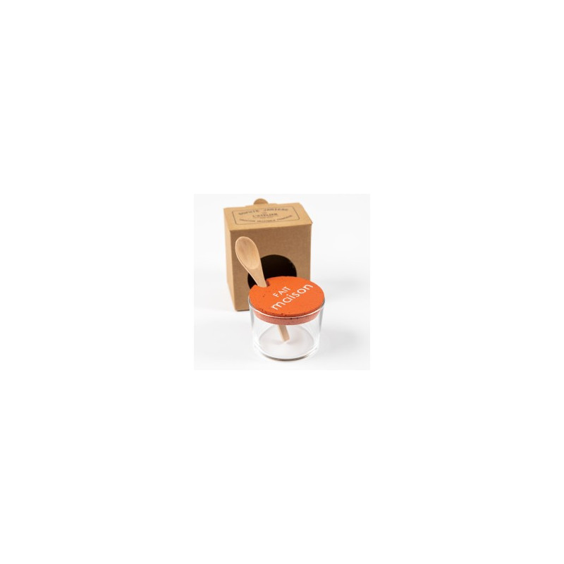 pot en verre bodega avec bouchon en liège couleur abricot fait maison et cuillere