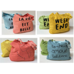 sac bicolore coton lavé 42*42 coloris et messages assortis Sophie janière