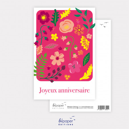 Carte joyeux anniversaire fleurs fond rose