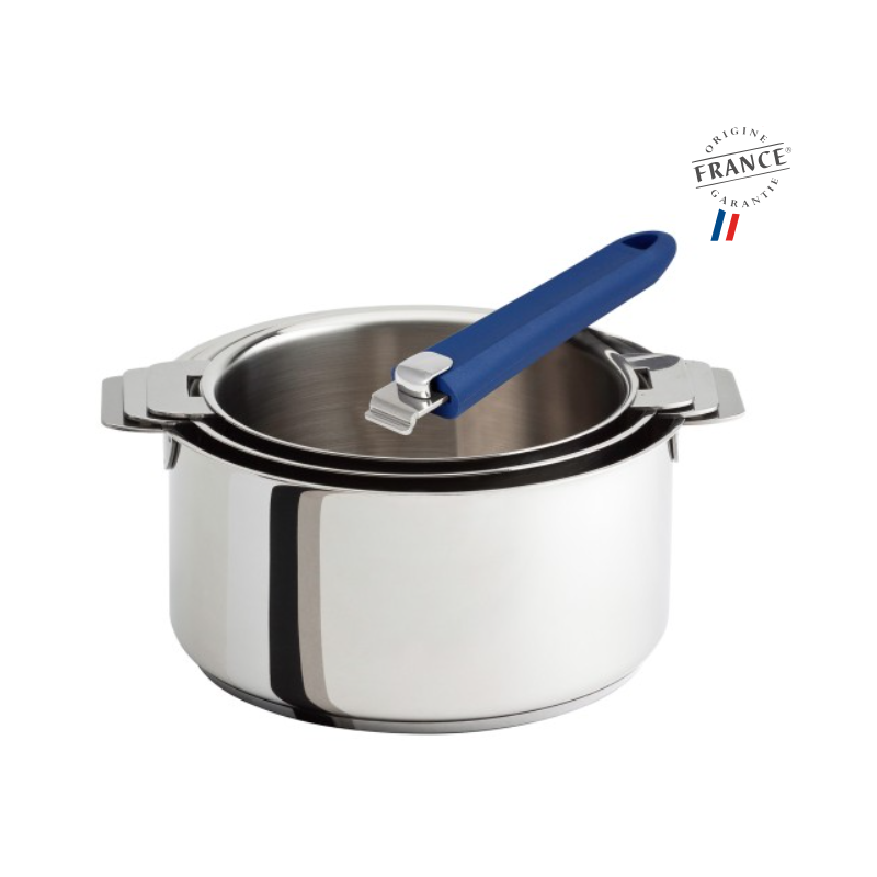 3 CASSEROLES 16-18-20CM MUTINE AMOVIBLE + 1 POIGNEE MUTINE BLEUE CRISTEL