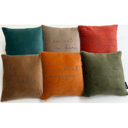 coussin velours 25*25 cm messages et coloris assortis  s. janiere