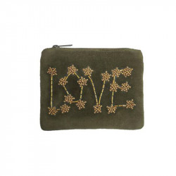 Pochette brodée perles LOVE kaki