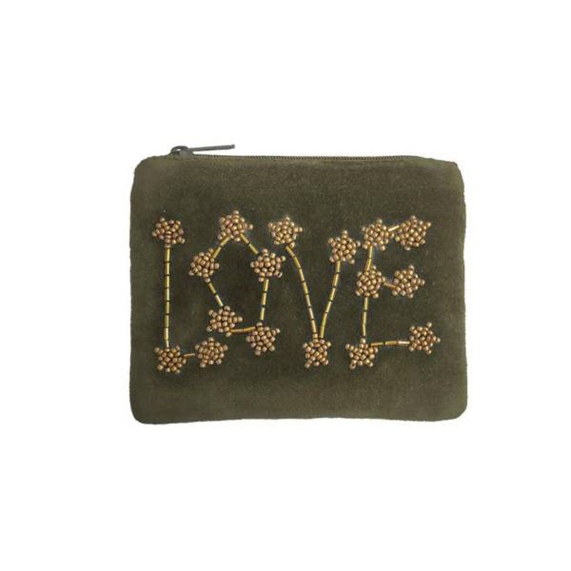 Pochette brodée perles LOVE kaki