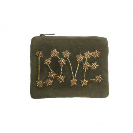 Pochette brodée perles LOVE kaki