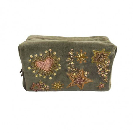 Trousse de toilette velours brodée perles stars and hearts kaki