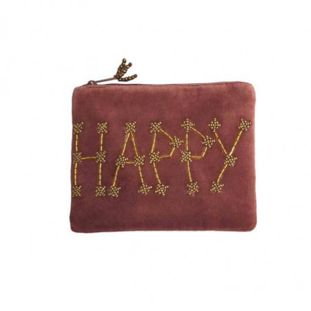 Pochette brodée perles HAPPY rose