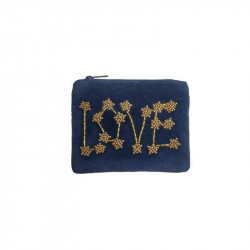 Petite pochette brodée perles LOVE bleu nuit