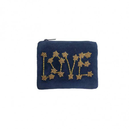 Petite pochette brodée perles LOVE bleu nuit