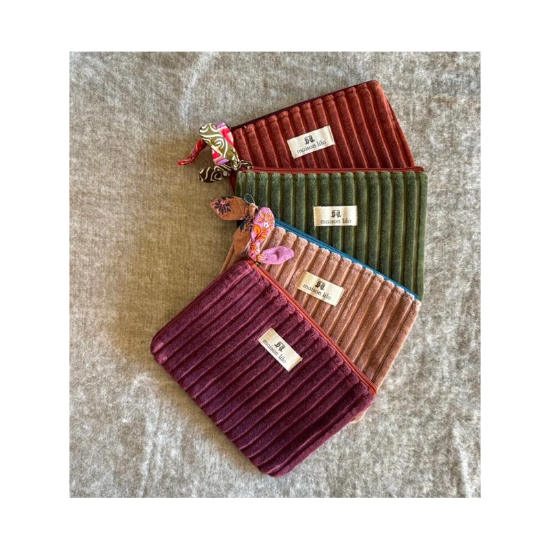 Pochette velours cotelé, fermeture contrastée