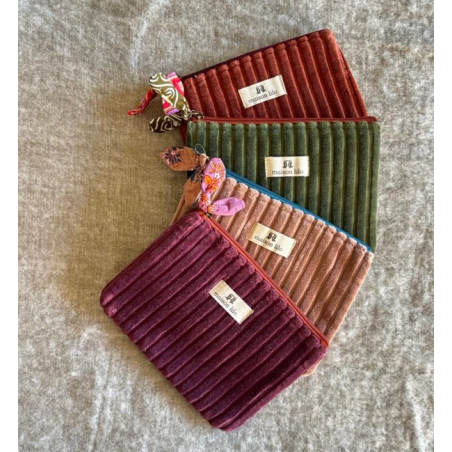 Pochette velours cotelé, fermeture contrastée
