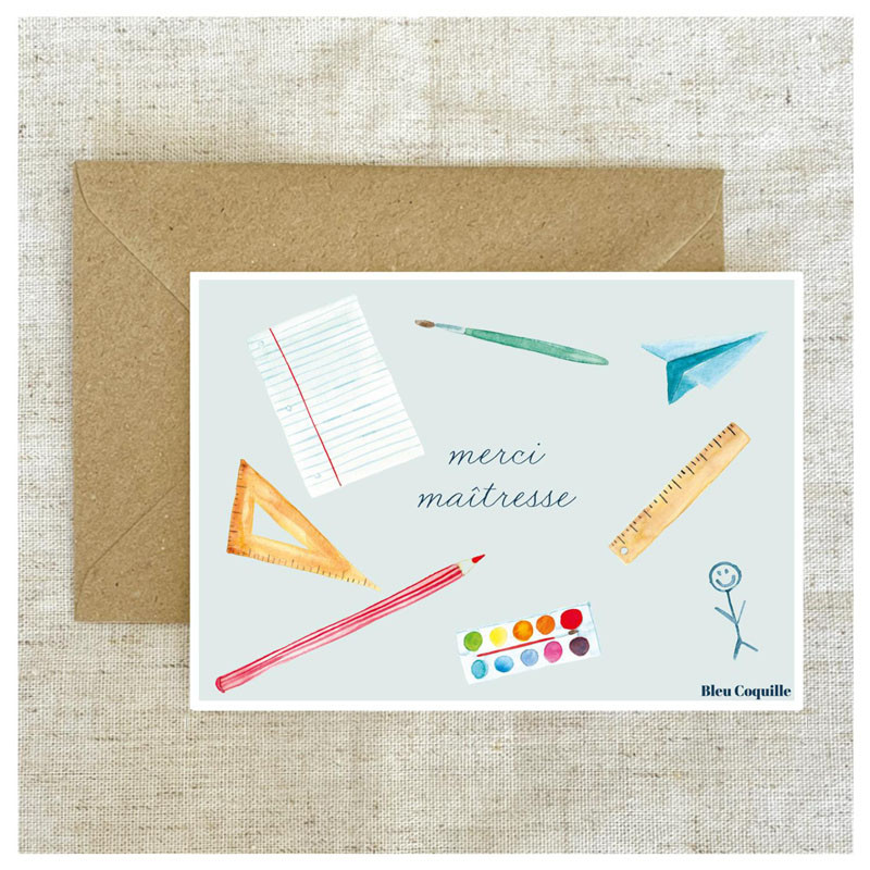 carte postale merci maitresse Bleu coquille
